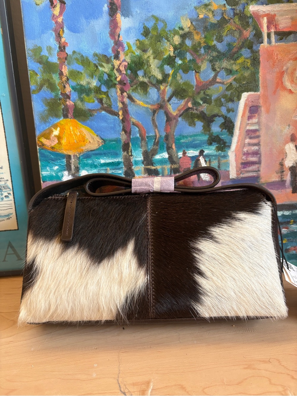 Mango Black & White Cowhide Leather Bow-Top Crossbody Bag - Picture 6 of 10